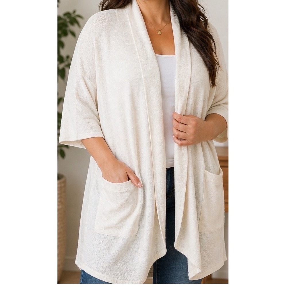 89th + Madison Womens Ivory Open Front‎ Cardigan Shawl Collar Pocket Sweater M